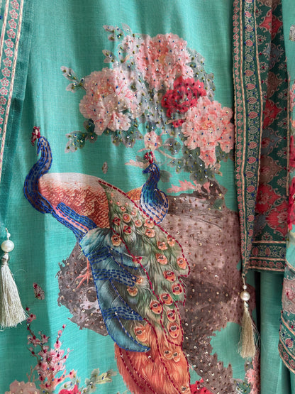 Pure linen peacock kantha work suit