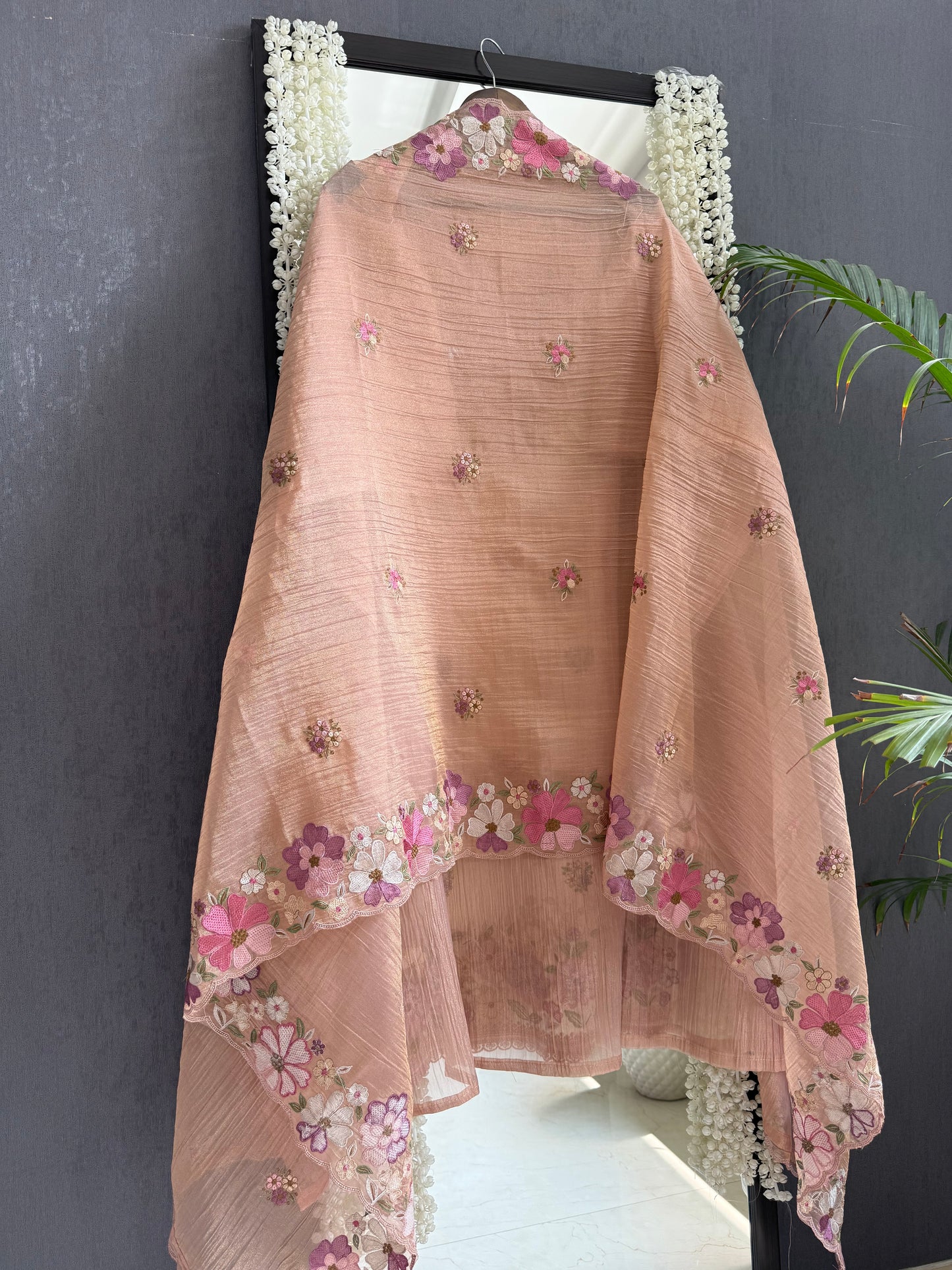 Luxurious Mul chanderi appliqué work floral suit