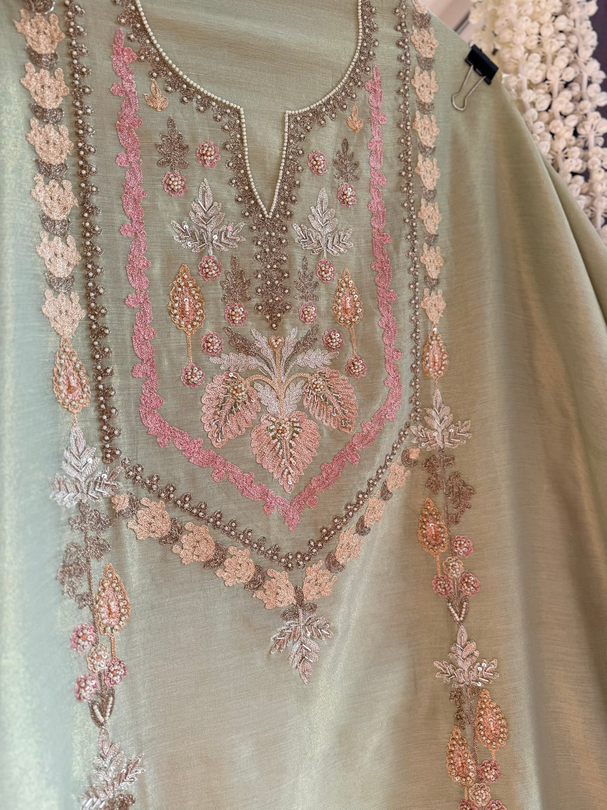 Premium tissue linen silk hand embroidered suit