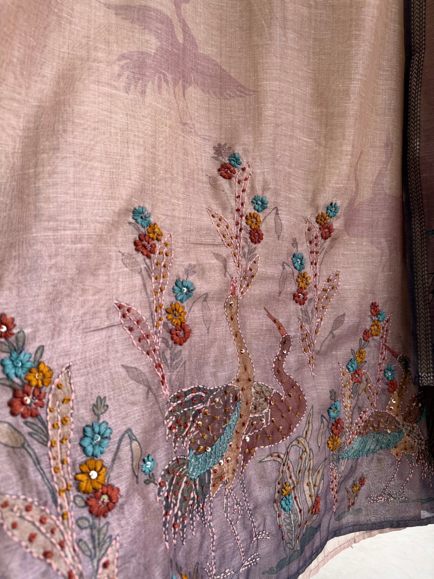 Pure linen birds frenchknot kantha work suit