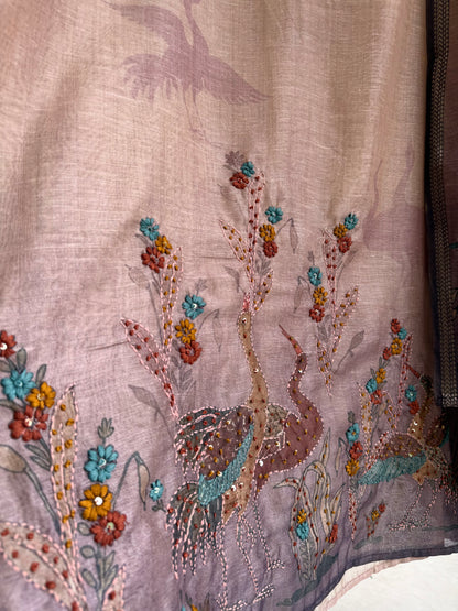 Pure linen birds frenchknot kantha work suit