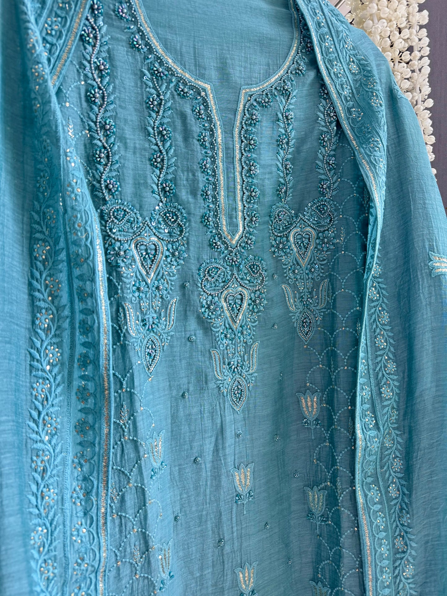 Luxurious Mul chanderi lucknowi tulip and hearts suit