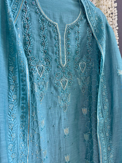 Luxurious Mul chanderi lucknowi tulip and hearts suit