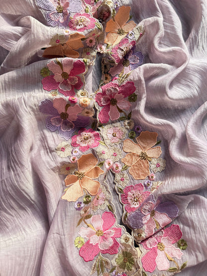 Luxurious Mul chanderi appliqué work floral suit