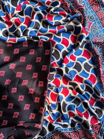 Satin crepe Ajrakh printed saree