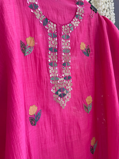 Luxurious Mul chanderi appliqué mirror work suit