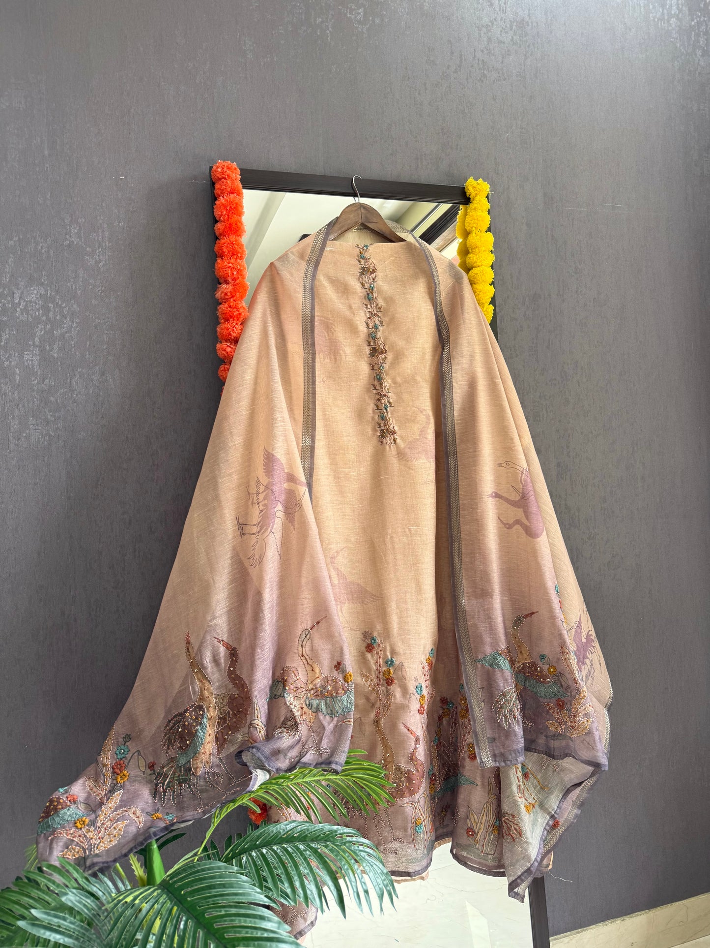 Pure linen birds frenchknot kantha work suit