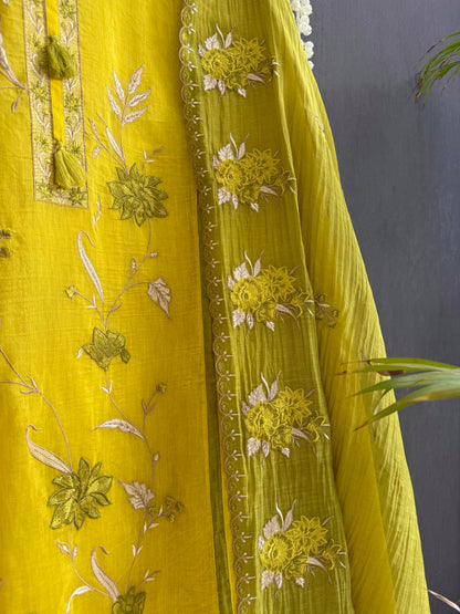 Luxurious Mul chanderi appliqué floral suit