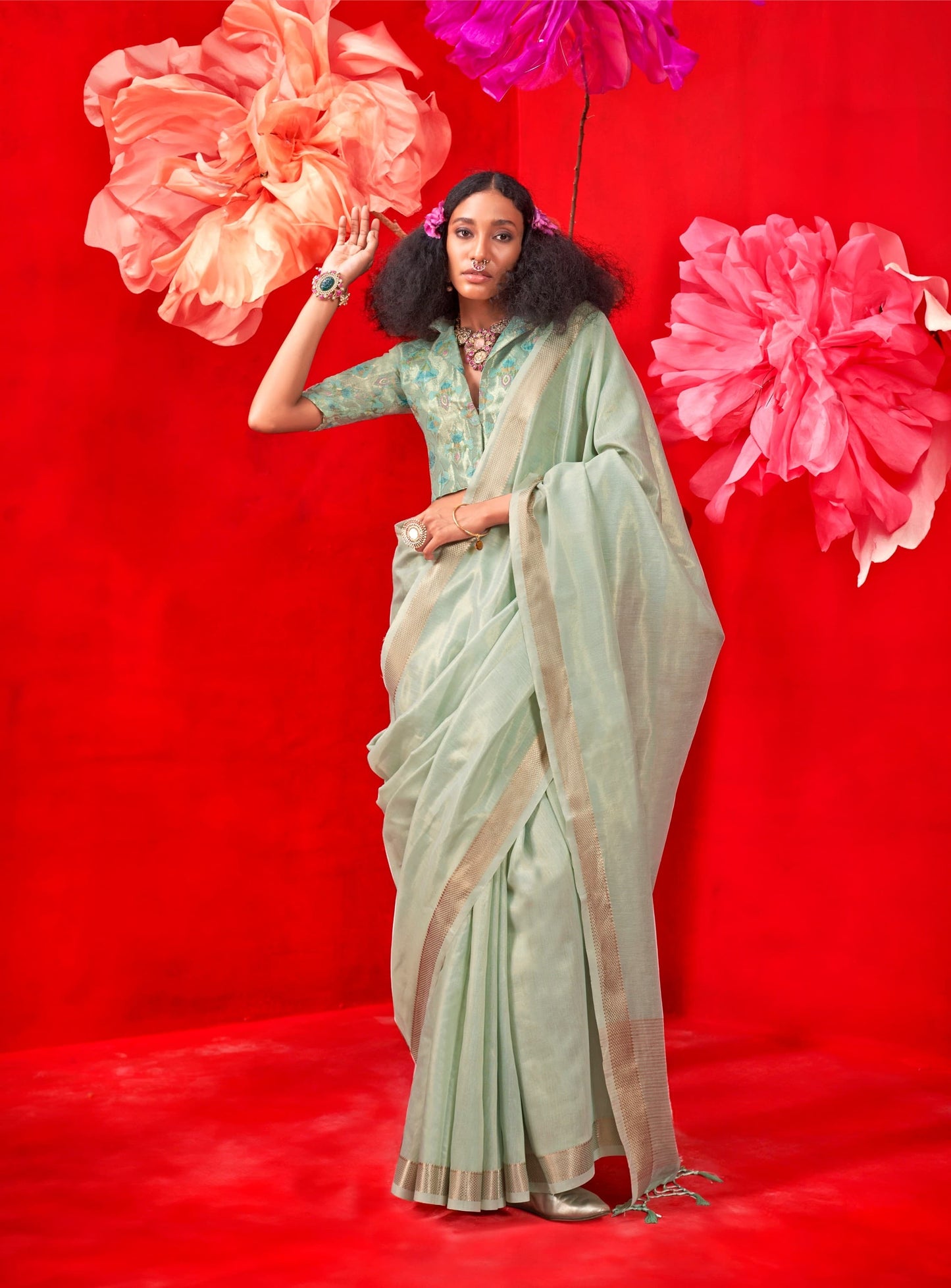 Soft tissue linen brocade saree