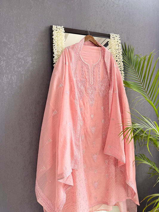 Luxurious Mul chanderi lucknowi tulip and hearts suit