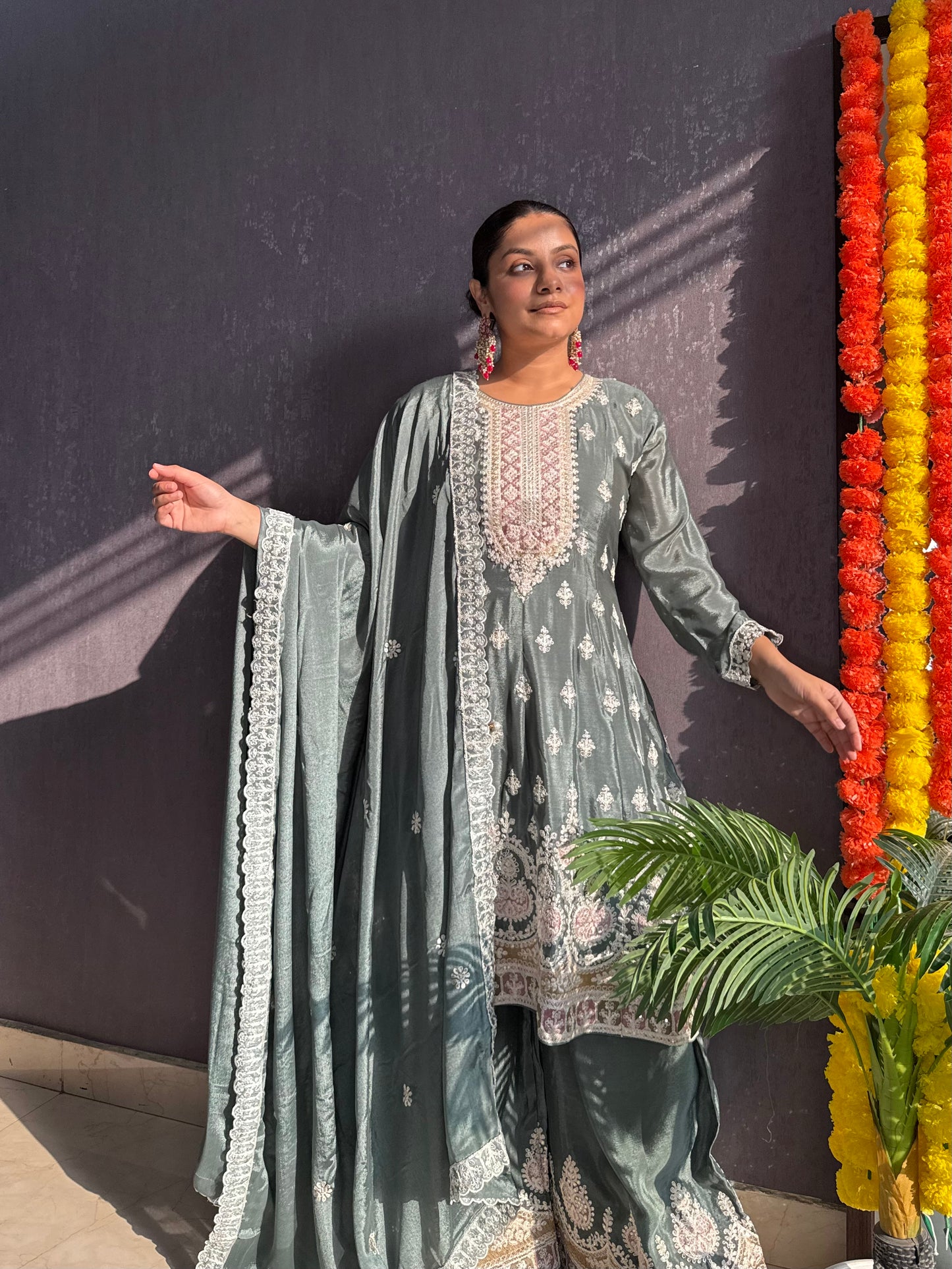 Chinon embroidered Anarkali Sharara suit