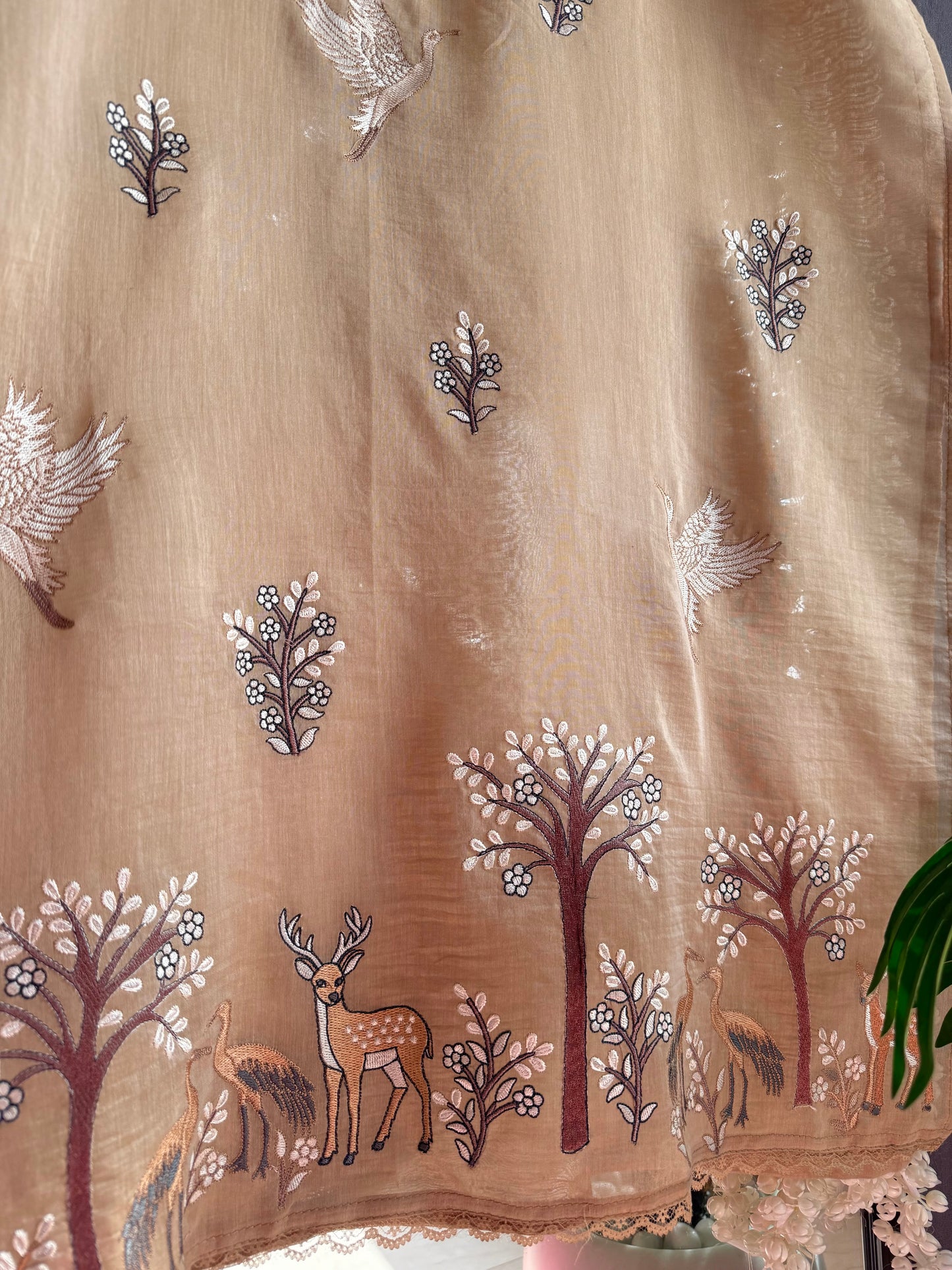 Luxurious Mul chanderi deers swans suit