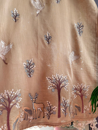 Luxurious Mul chanderi deers swans suit