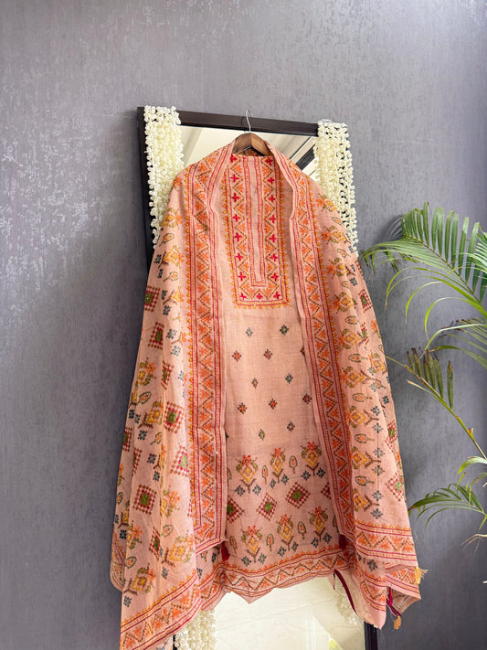 Linen ikkat Frenchknot kantha work suit