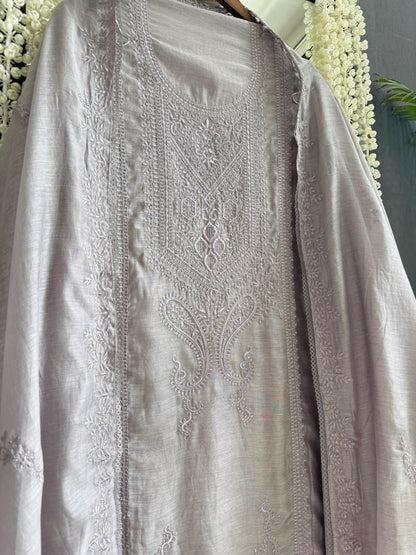 Luxurious Mul chanderi monochromatic threadwork suit
