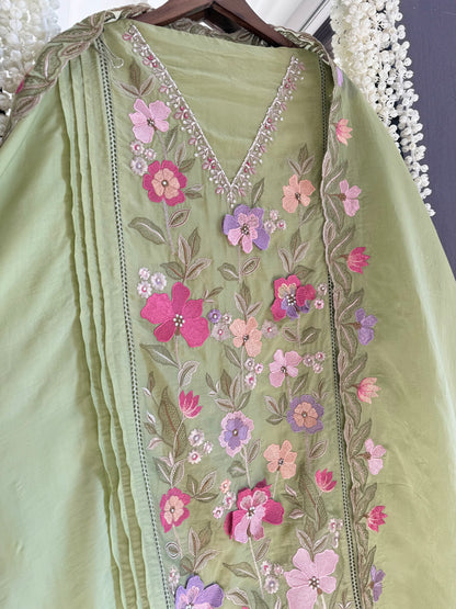 Luxurious organza appliqué work floral suit