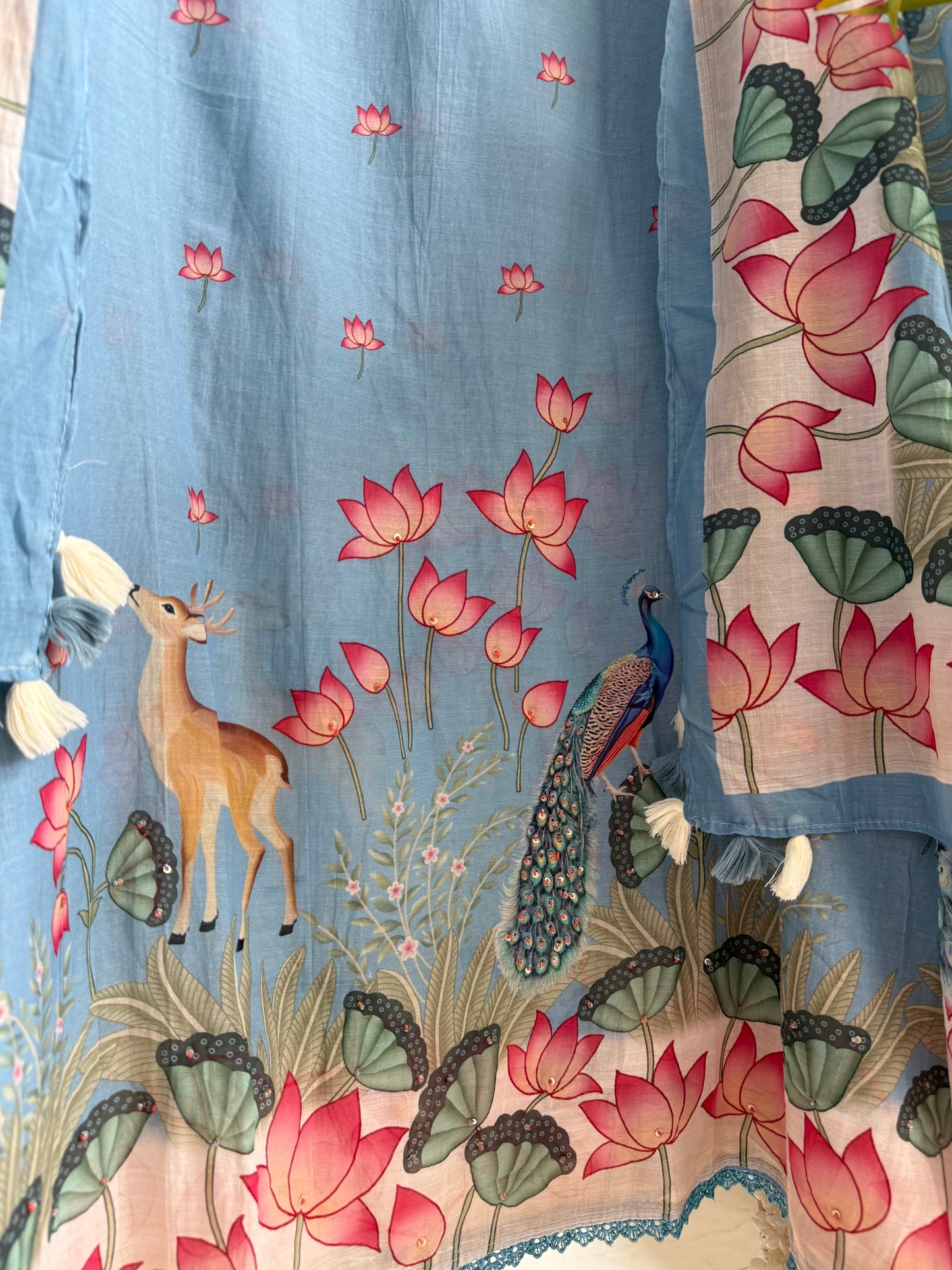 Mulmul cotton deers peacock handwork suit