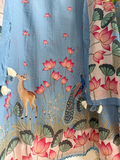 Mulmul cotton deers peacock handwork suit
