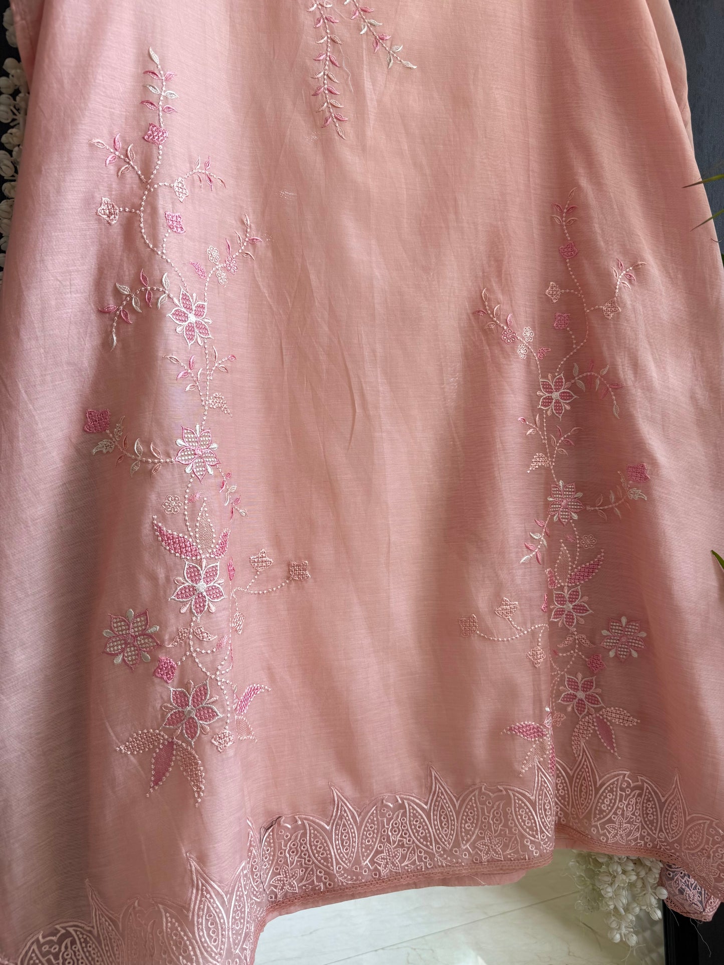 Luxurious Mul chanderi threadwork floral schiffili suit