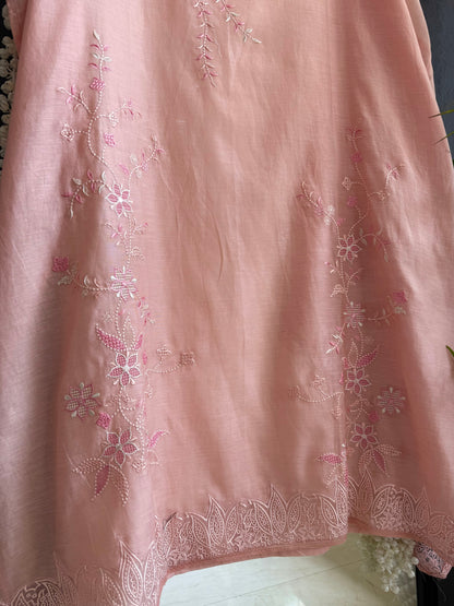 Luxurious Mul chanderi threadwork floral schiffili suit