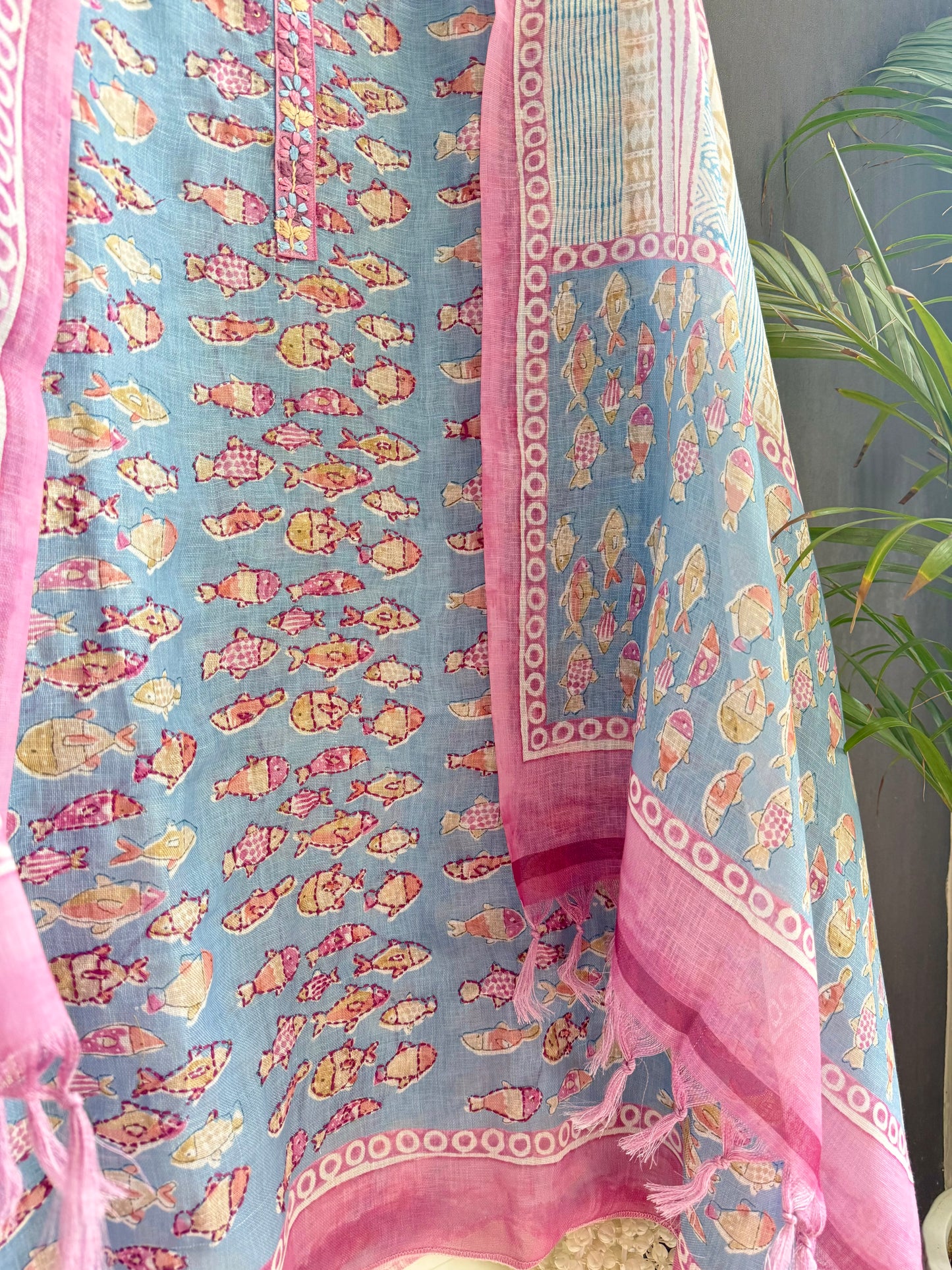 Linen fishes kantha work suit