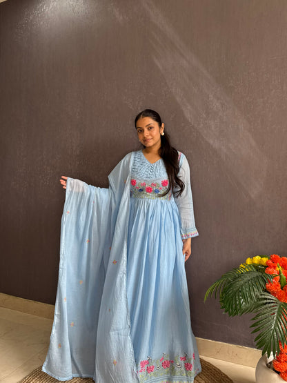 Mal cotton roses embroidered french knot Anarkali