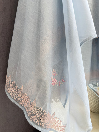 Luxurious Mul chanderi threadwork floral schiffili suit