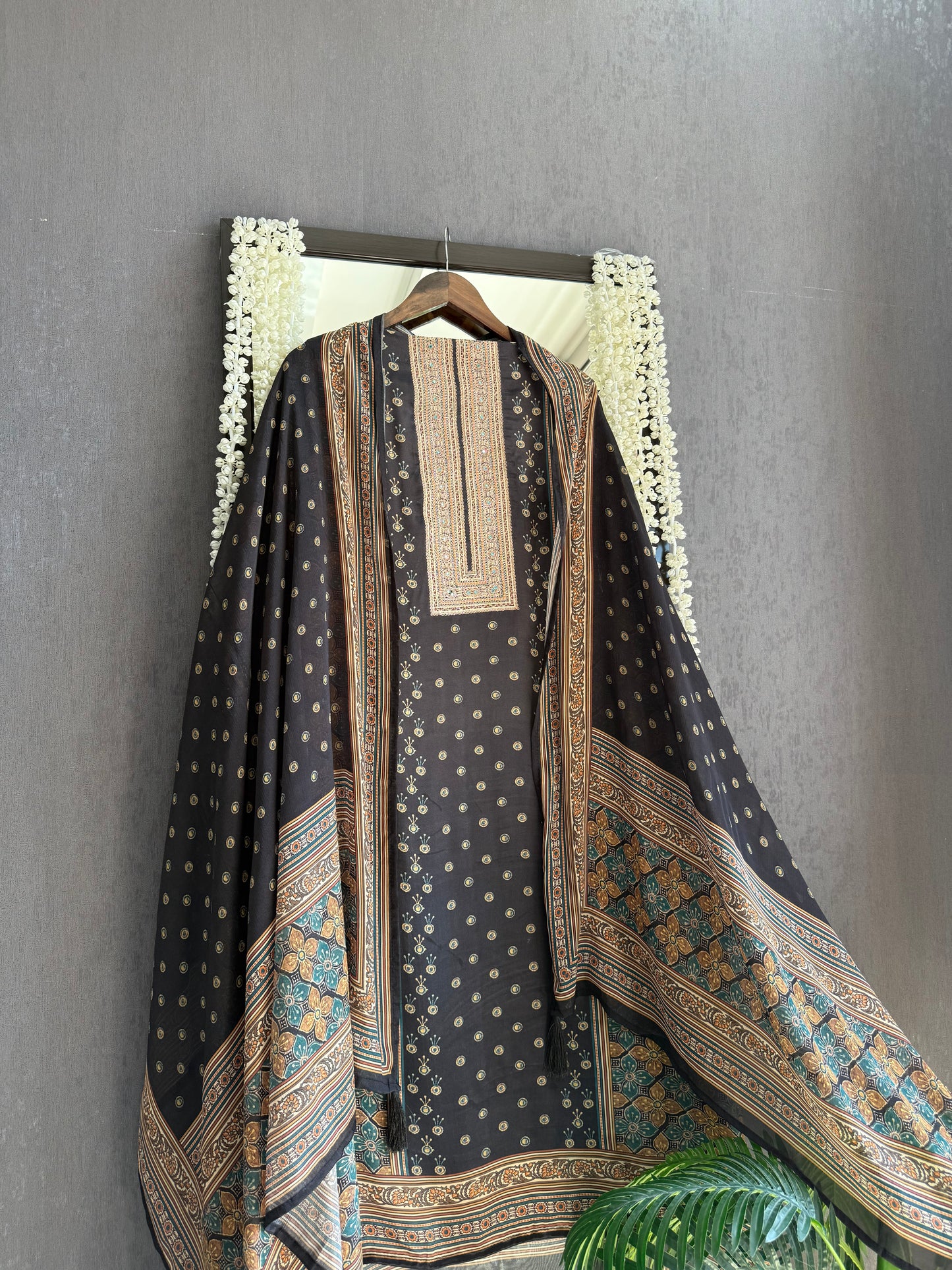 Pure crepe ajrakh aari work suit