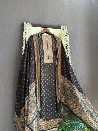 Pure crepe ajrakh aari work suit