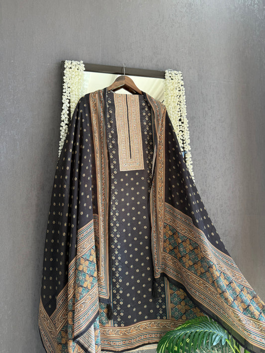 Pure crepe ajrakh aari work suit
