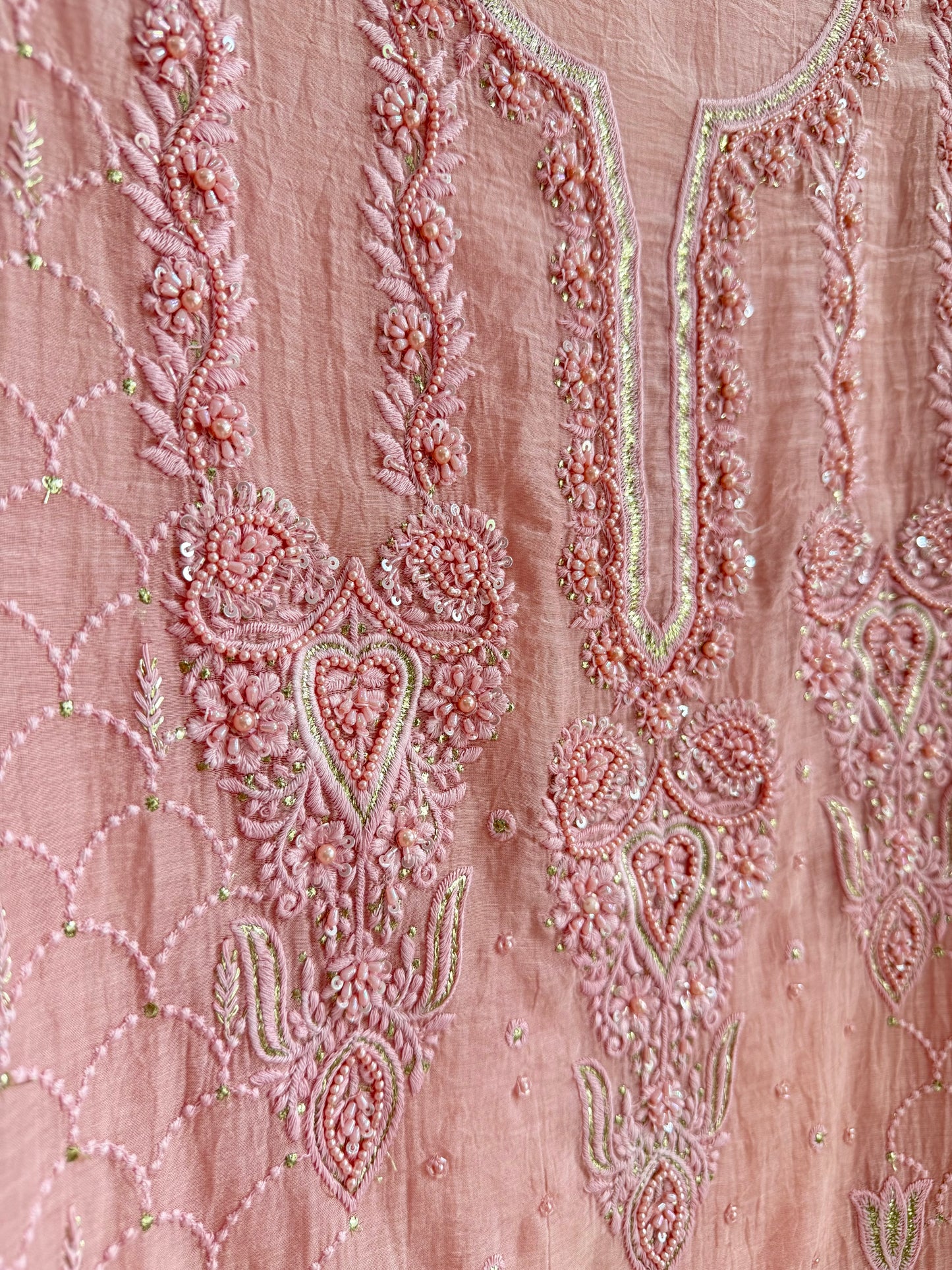Luxurious Mul chanderi lucknowi tulip and hearts suit