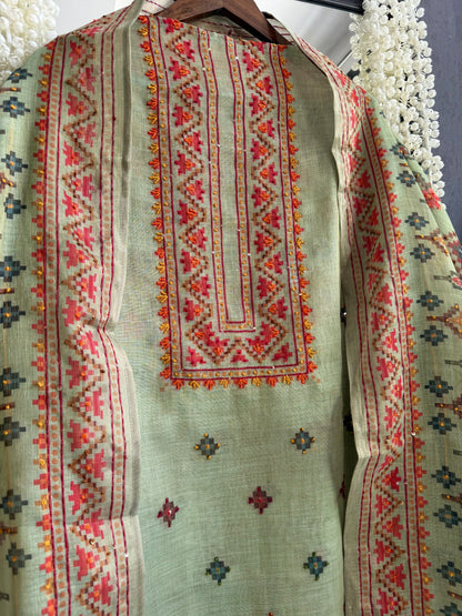 Linen ikkat Frenchknot kantha work suit