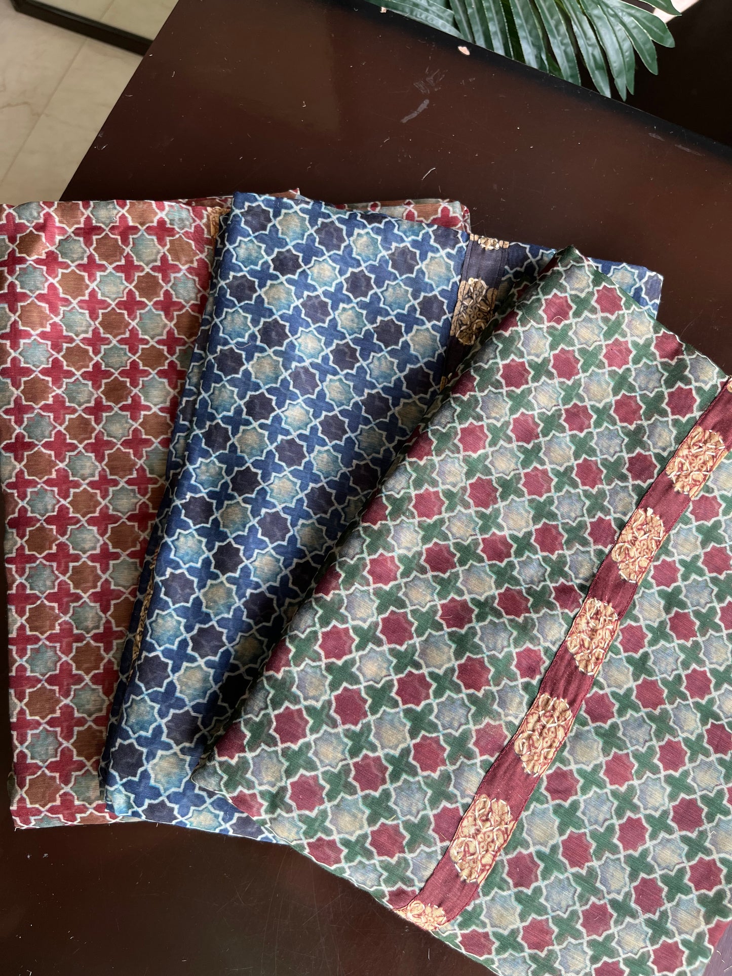 Maheshwari Kantha work Ajrakh Unstitched suit
