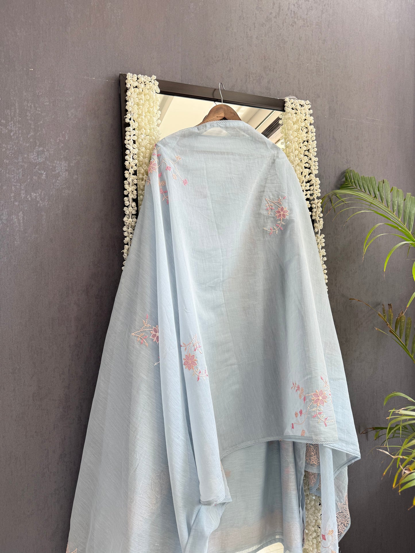Luxurious Mul chanderi threadwork floral schiffili suit