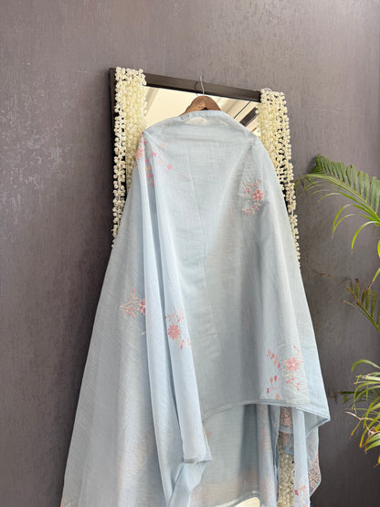 Luxurious Mul chanderi threadwork floral schiffili suit