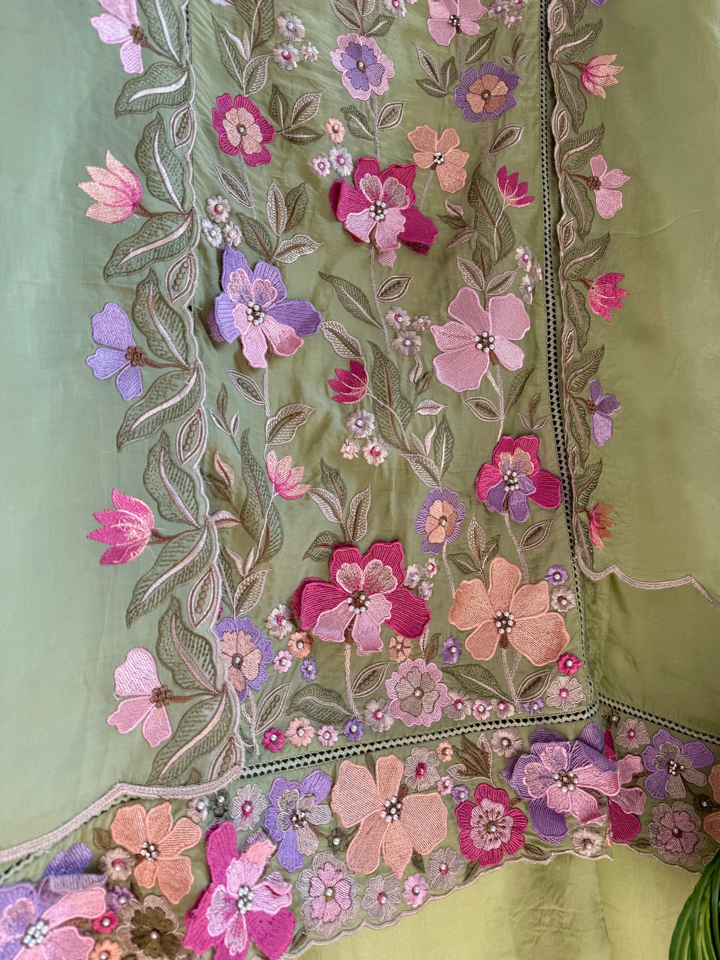 Luxurious organza appliqué work floral suit