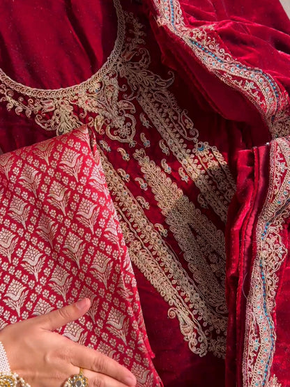 Velvet brocade marori aari work suit