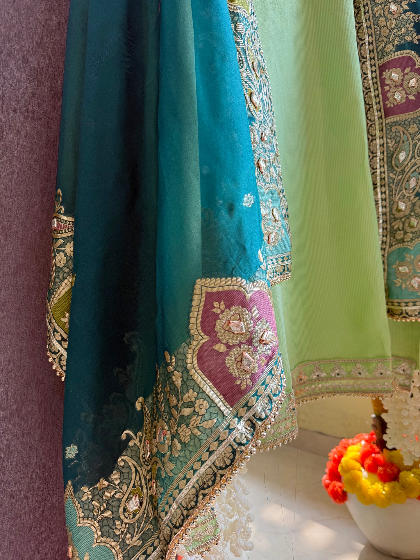 Tissue zari Aari work Meenakari suit
