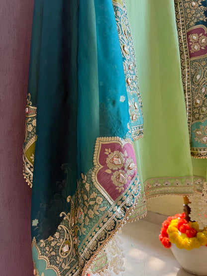 Tissue zari Aari work Meenakari suit