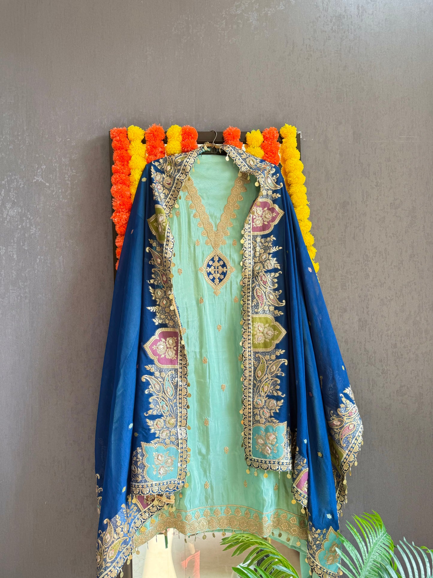 Tissue silk Aari work Meenakari suit