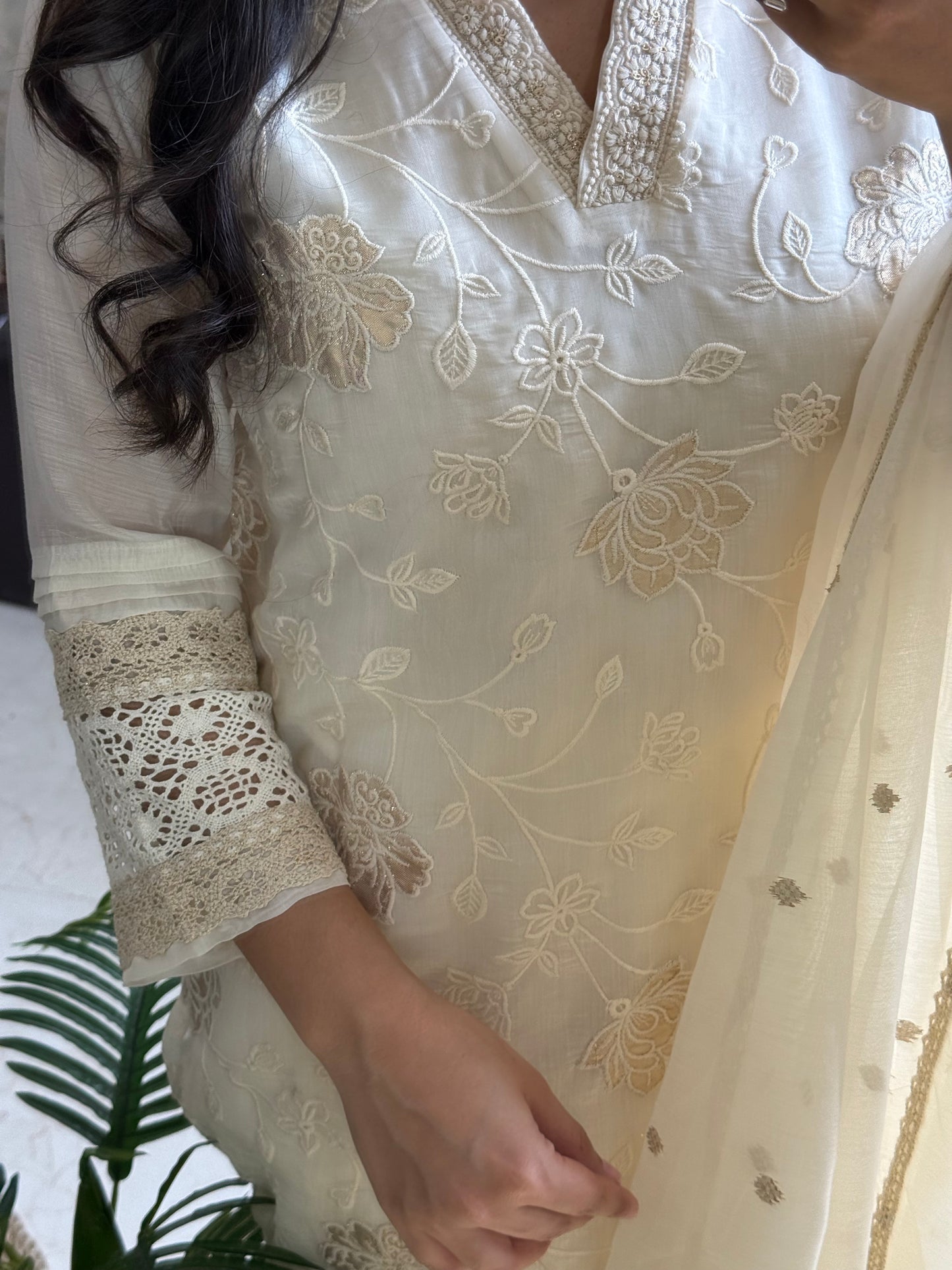 Gold appliqué floral chanderi suit