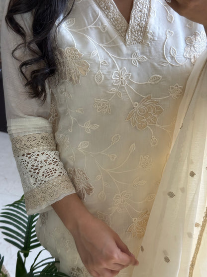 Gold appliqué floral chanderi suit