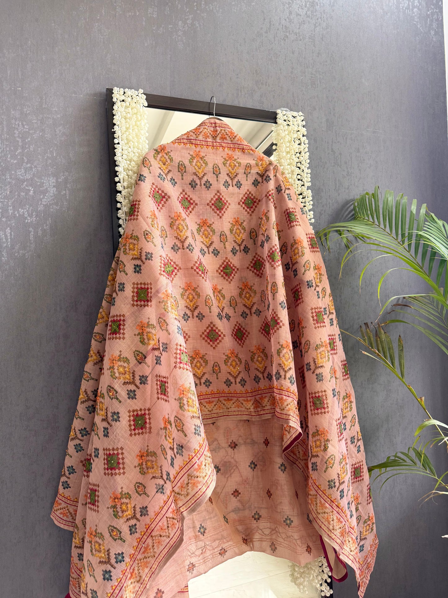 Linen ikkat Frenchknot kantha work suit