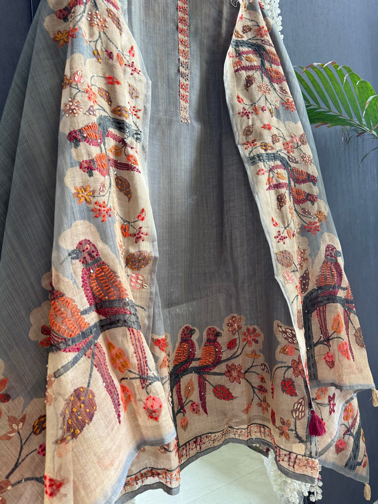 Pure linen bird kantha art handwork suit