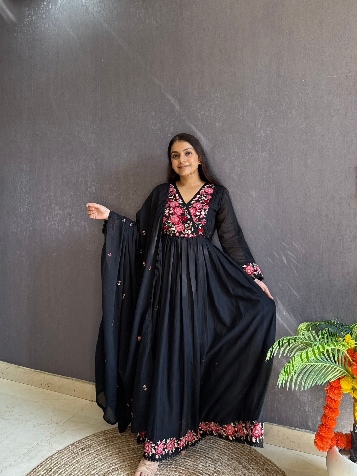 Mal cotton roses embroidered Anarkali