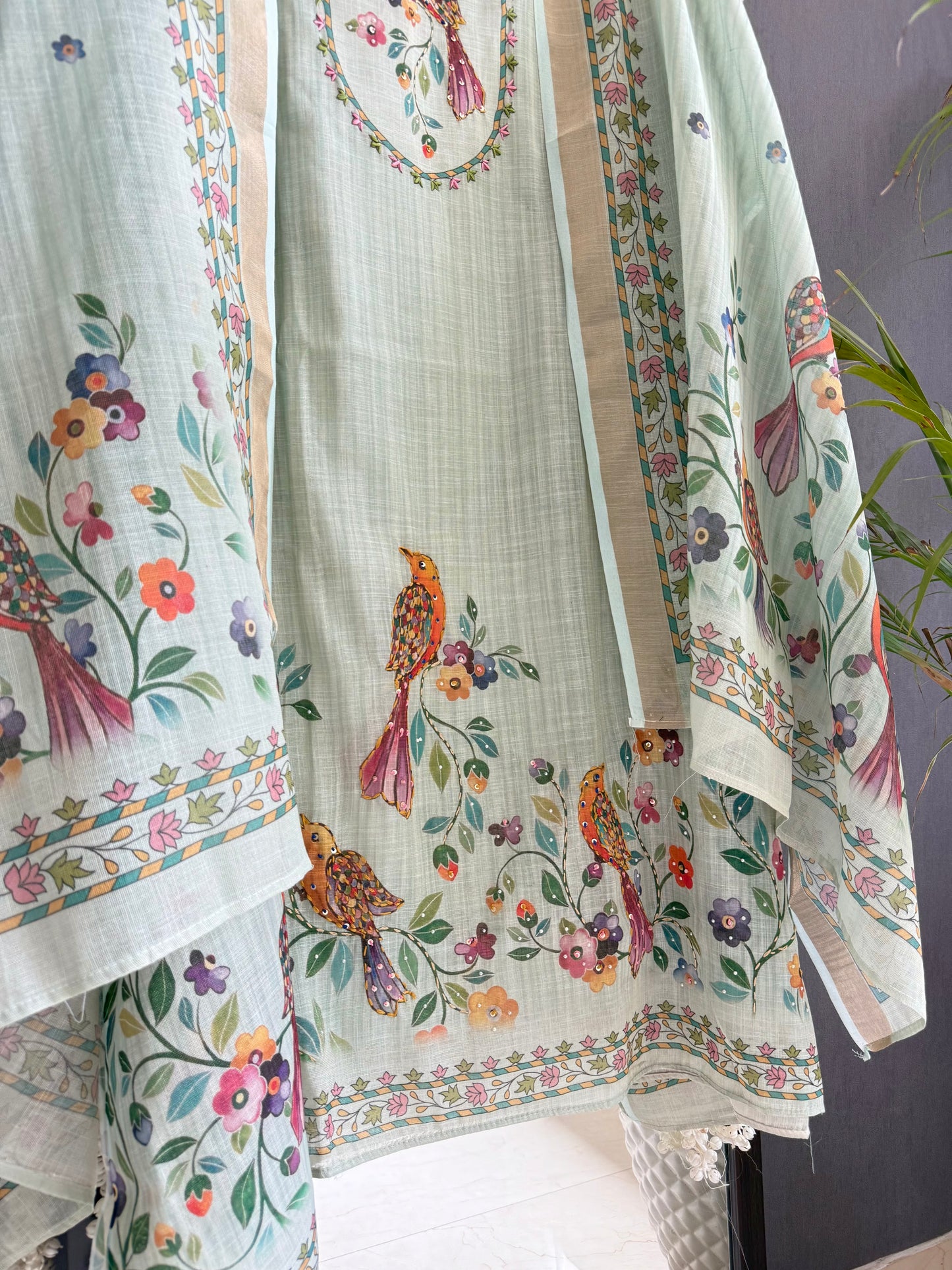 Linen birds kanthawork suit