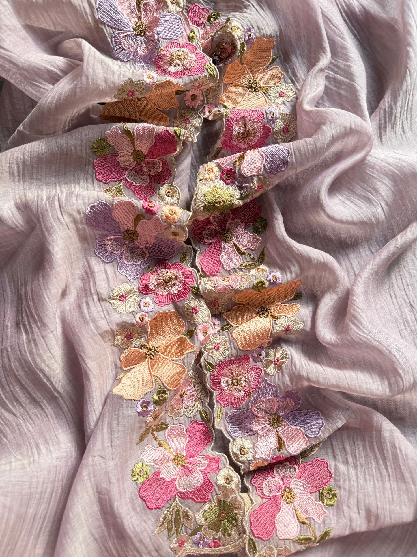 Luxurious Mul chanderi appliqué work floral suit