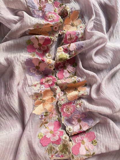 Luxurious Mul chanderi appliqué work floral suit