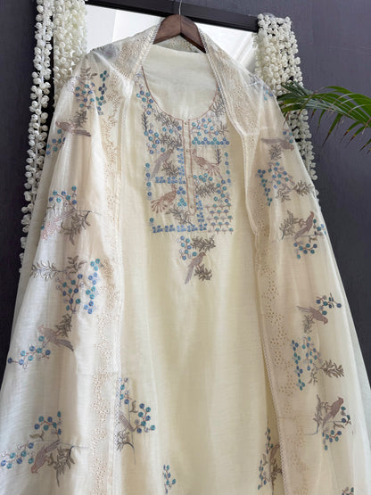 Luxurious Mul chanderi schiffili peacock suit