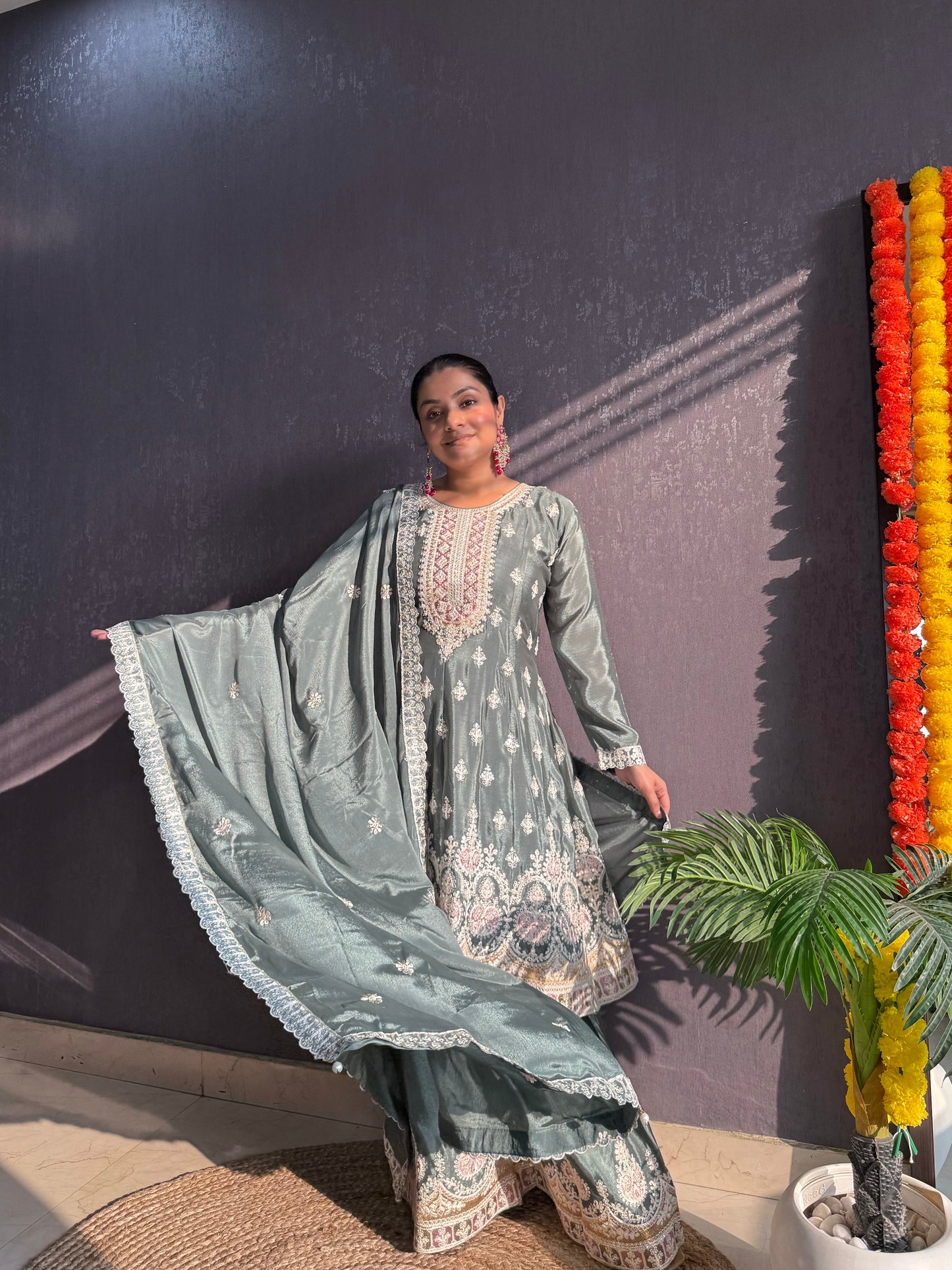 Chinon embroidered Anarkali Sharara suit